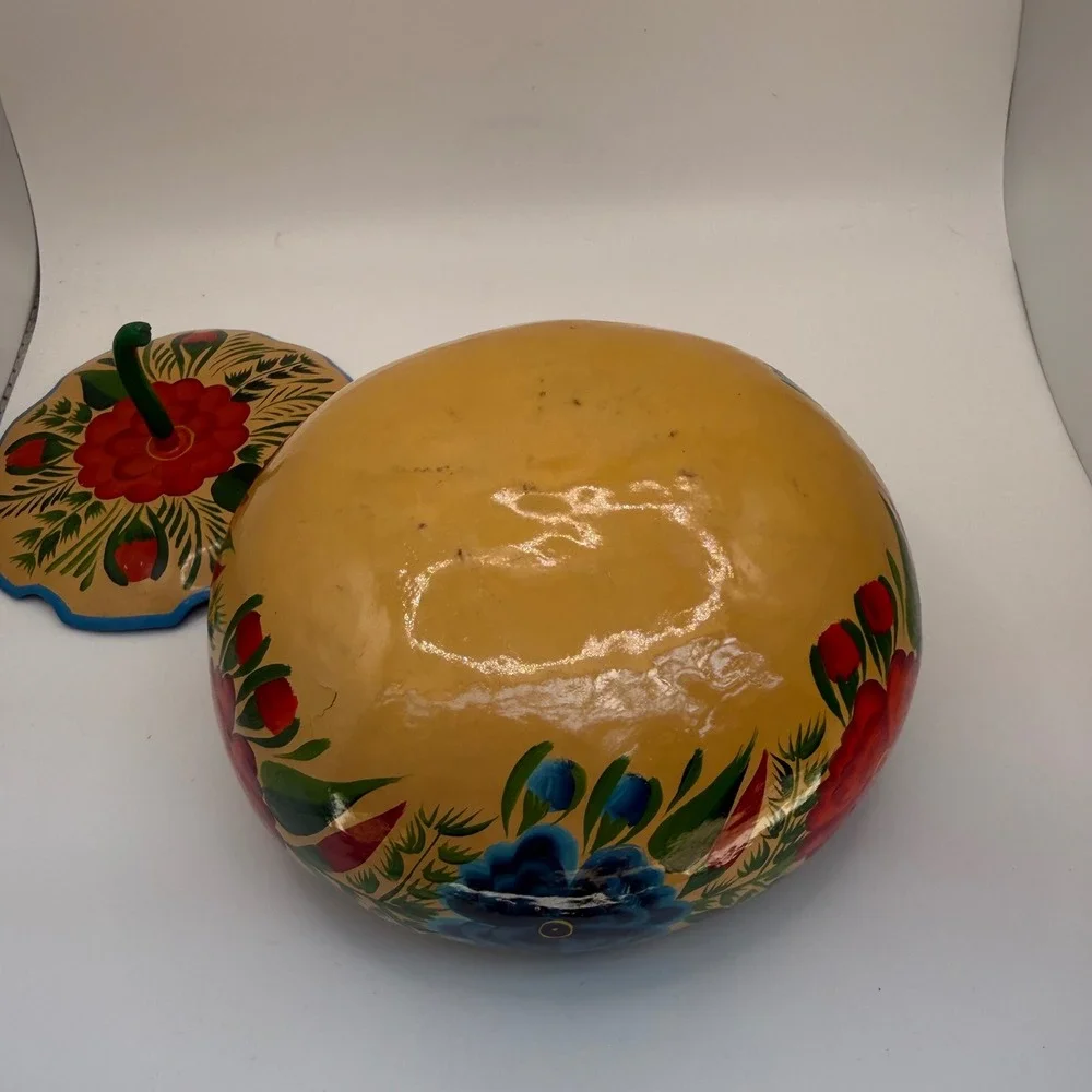 Hand Painted Folk Art Floral Gourd Lidded Container Yellow Red Blue‎ 6.5 inch